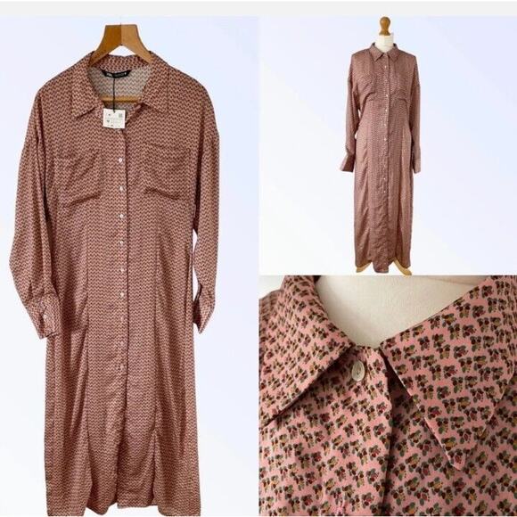 Zara Fall Floral Button Down Shirt Dress Size XL NWT - Picture 1 of 15
